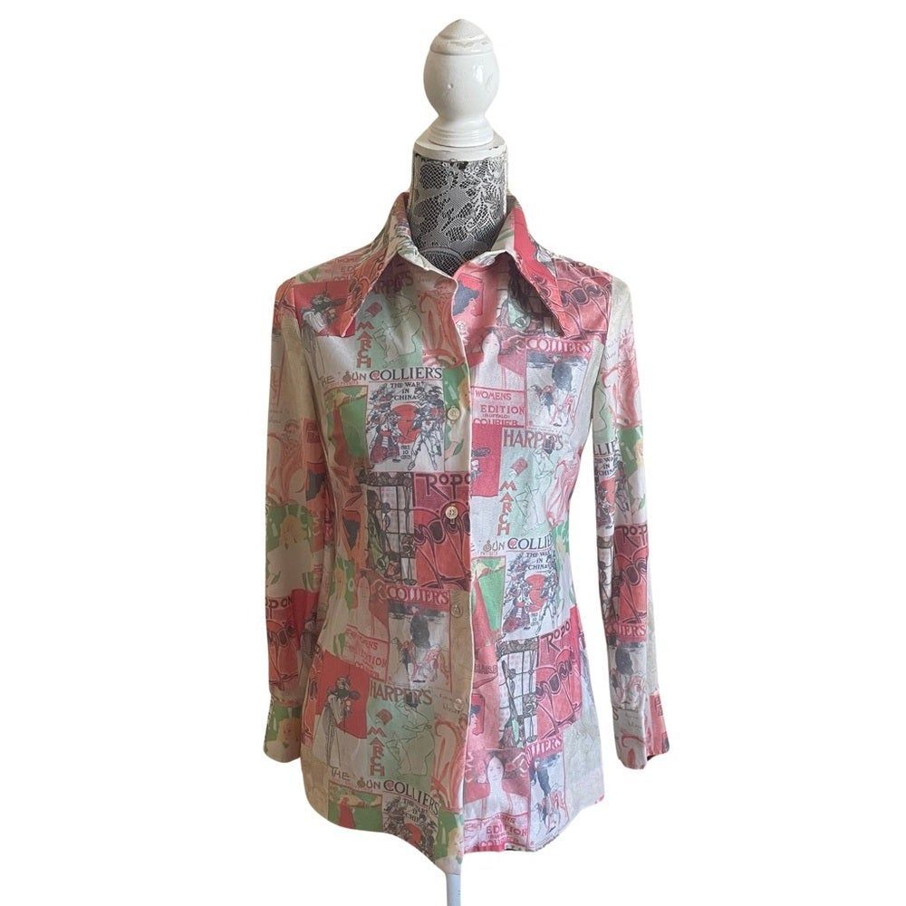 Vintage Late 60s-Early 70s Jantzen Newspaper Print Button Down Shirt